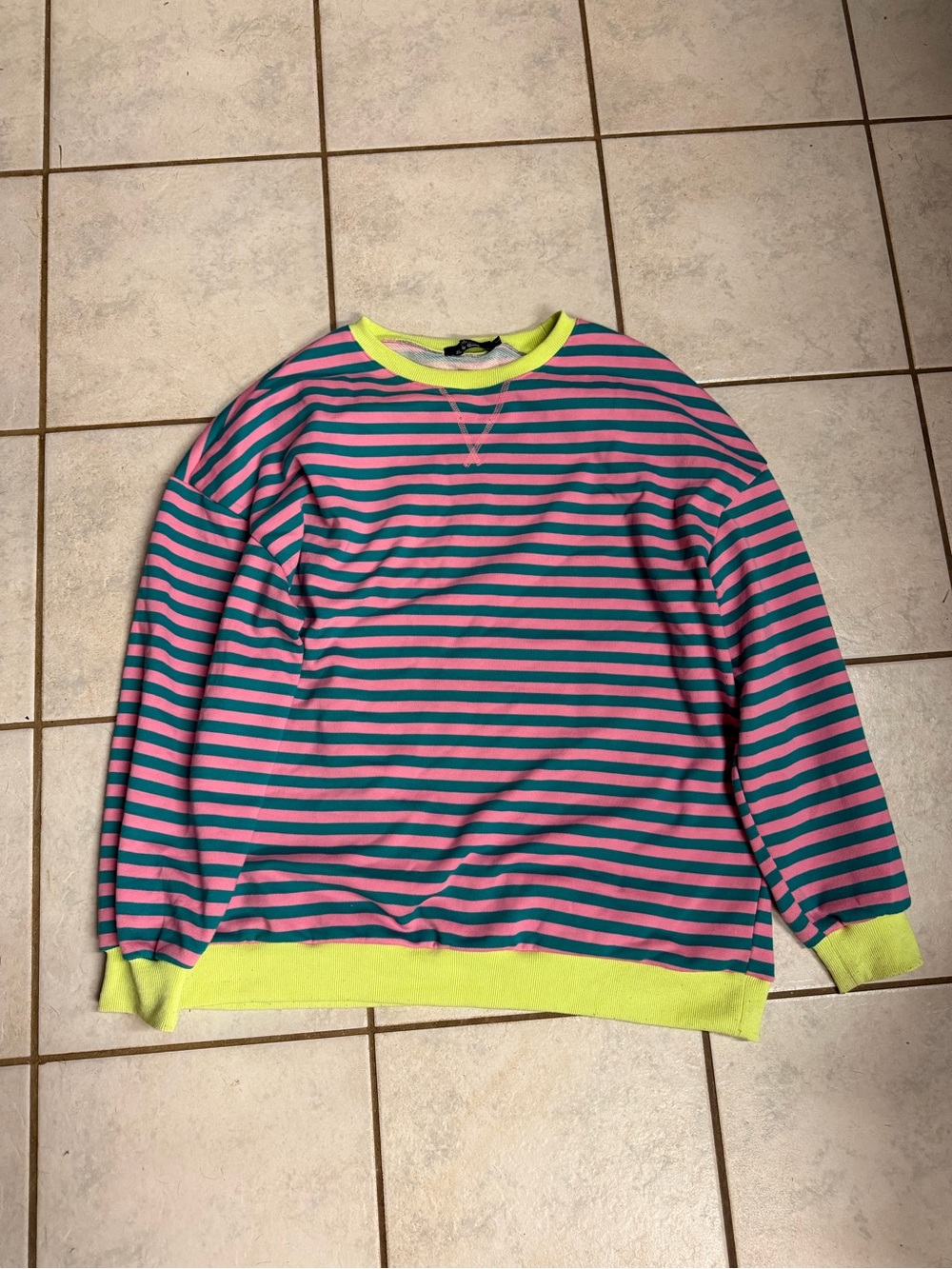 Women’s trendy queen Striped Crewneck Sweater in Pink & Teal with Neon Trim